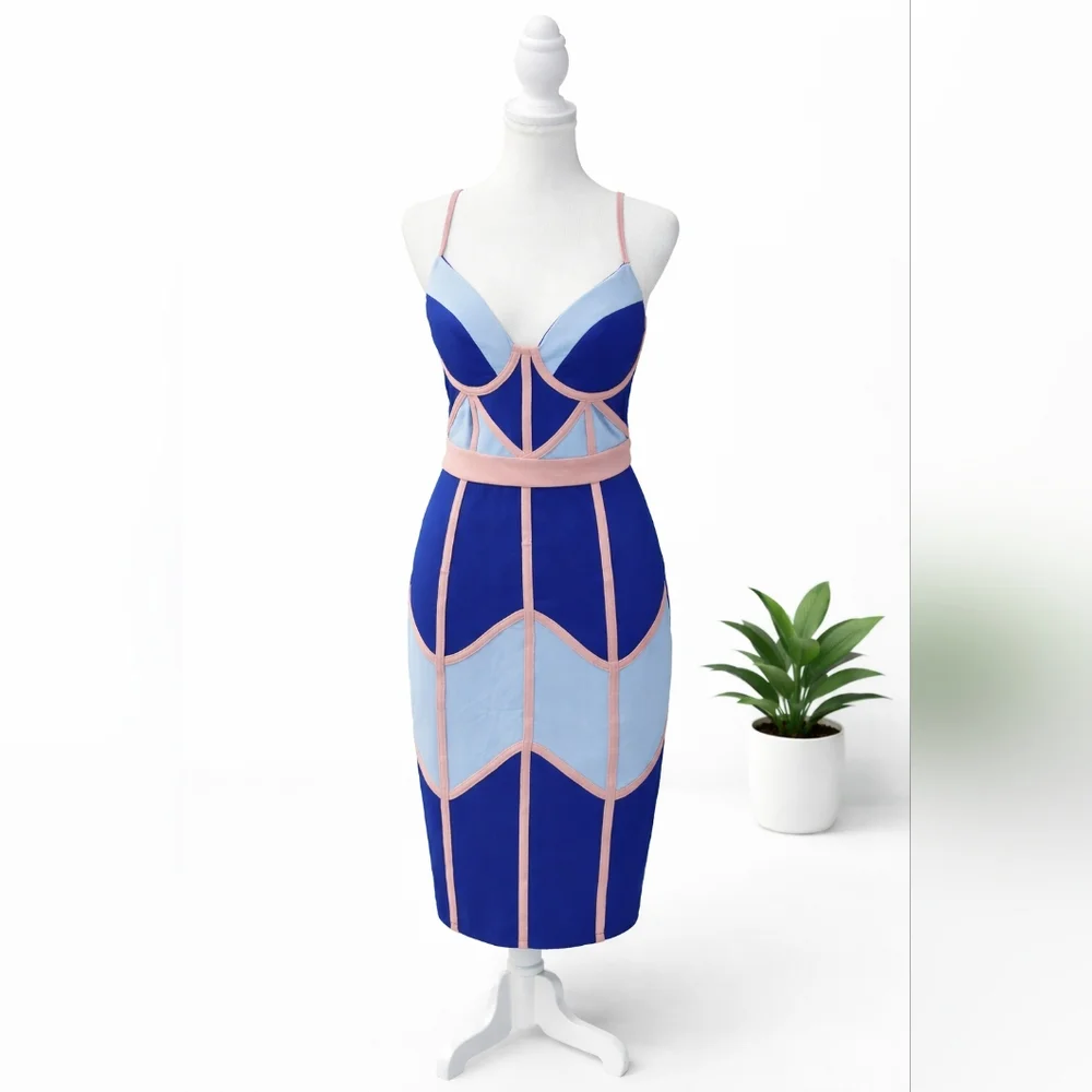 SHEIN Blue and Light Blue Contrast Bustier Midi Dress with Pink Trim - Picture 2 of 4